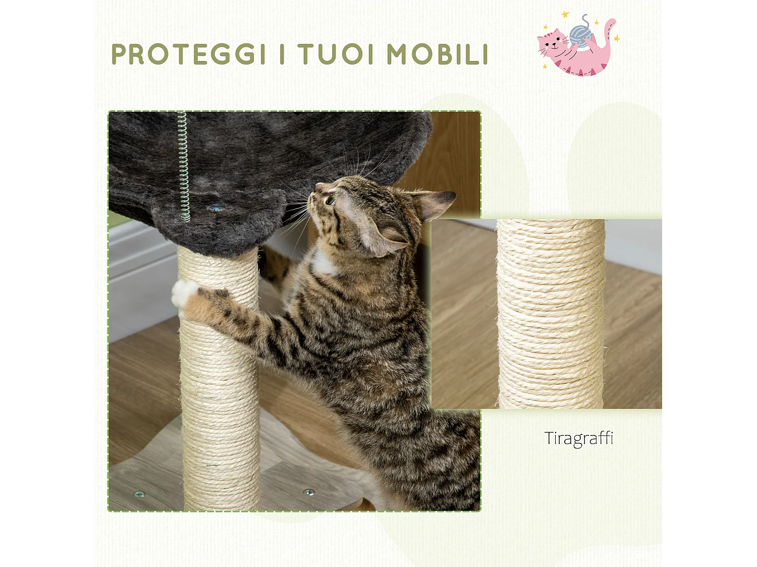 Tiragraffi per gatti con amaca in peluche base con gioco e pali sisal