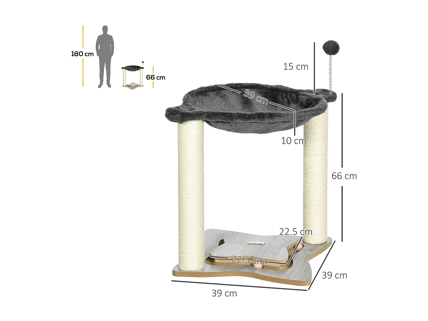 Tiragraffi per gatti con amaca in peluche base con gioco e pali sisal