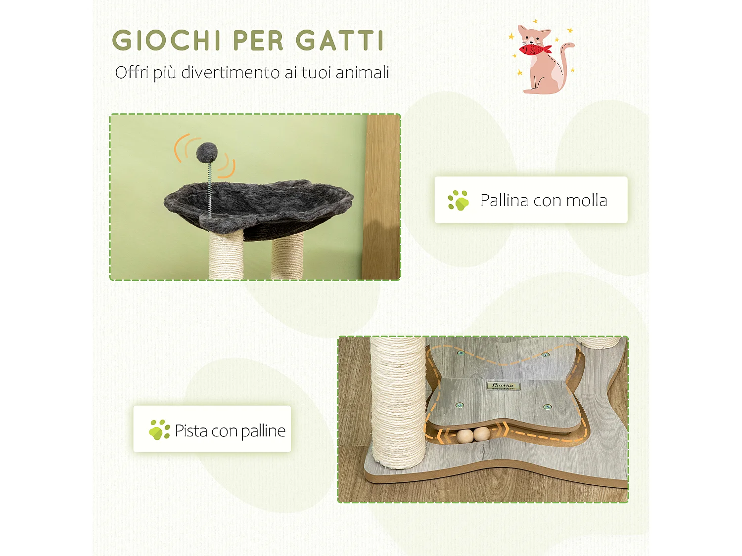 Tiragraffi per gatti con amaca in peluche base con gioco e pali sisal