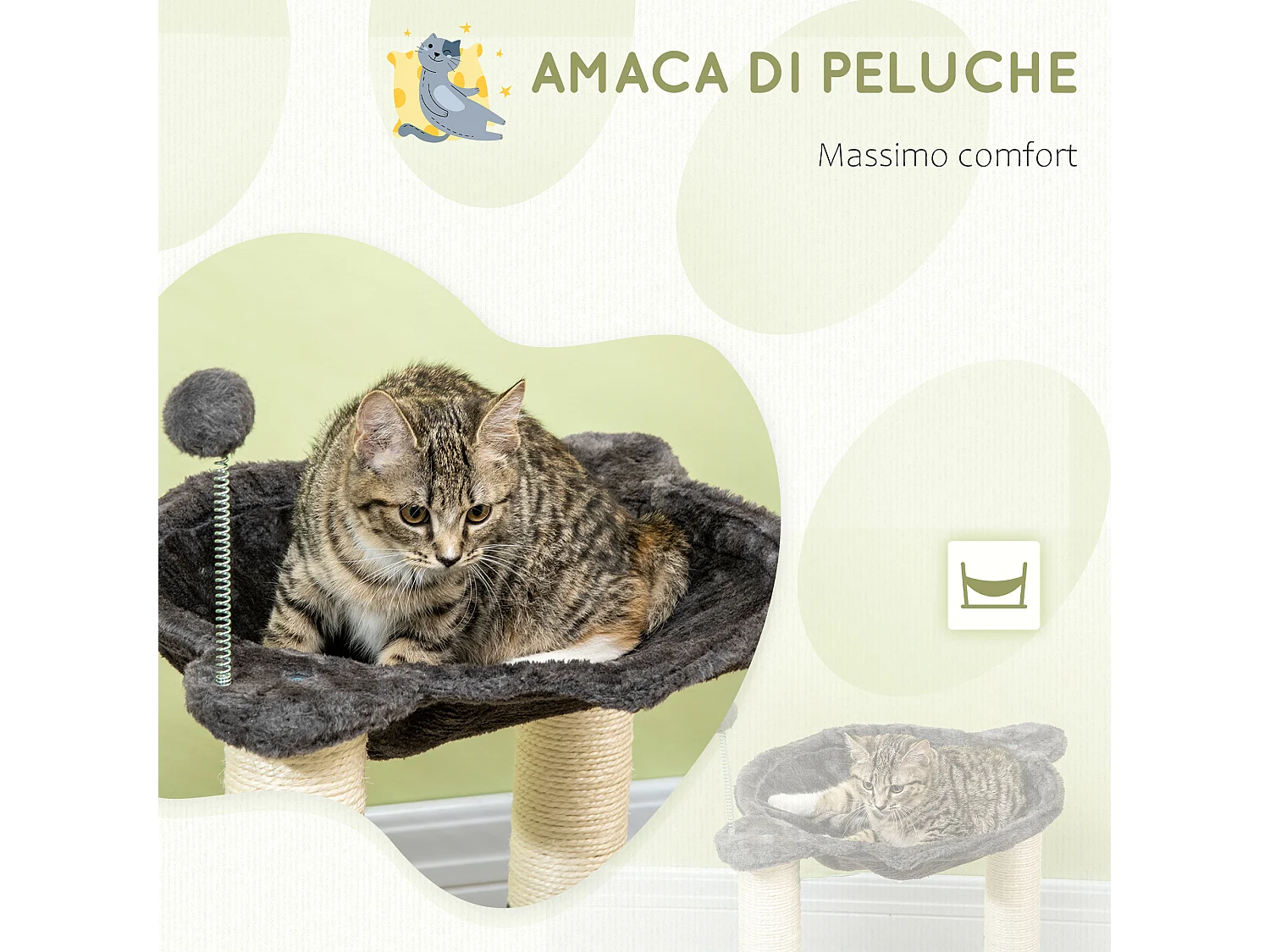 Tiragraffi per gatti con amaca in peluche base con gioco e pali sisal