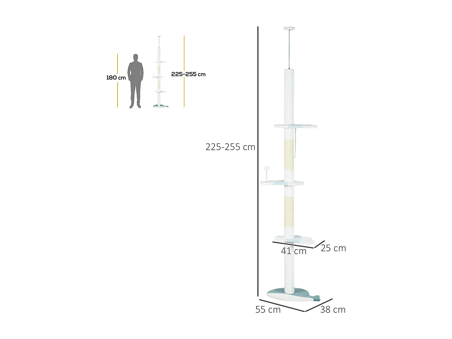Albero tiragraffi per gatti a soffitto regolabile 225-255 cm bianco