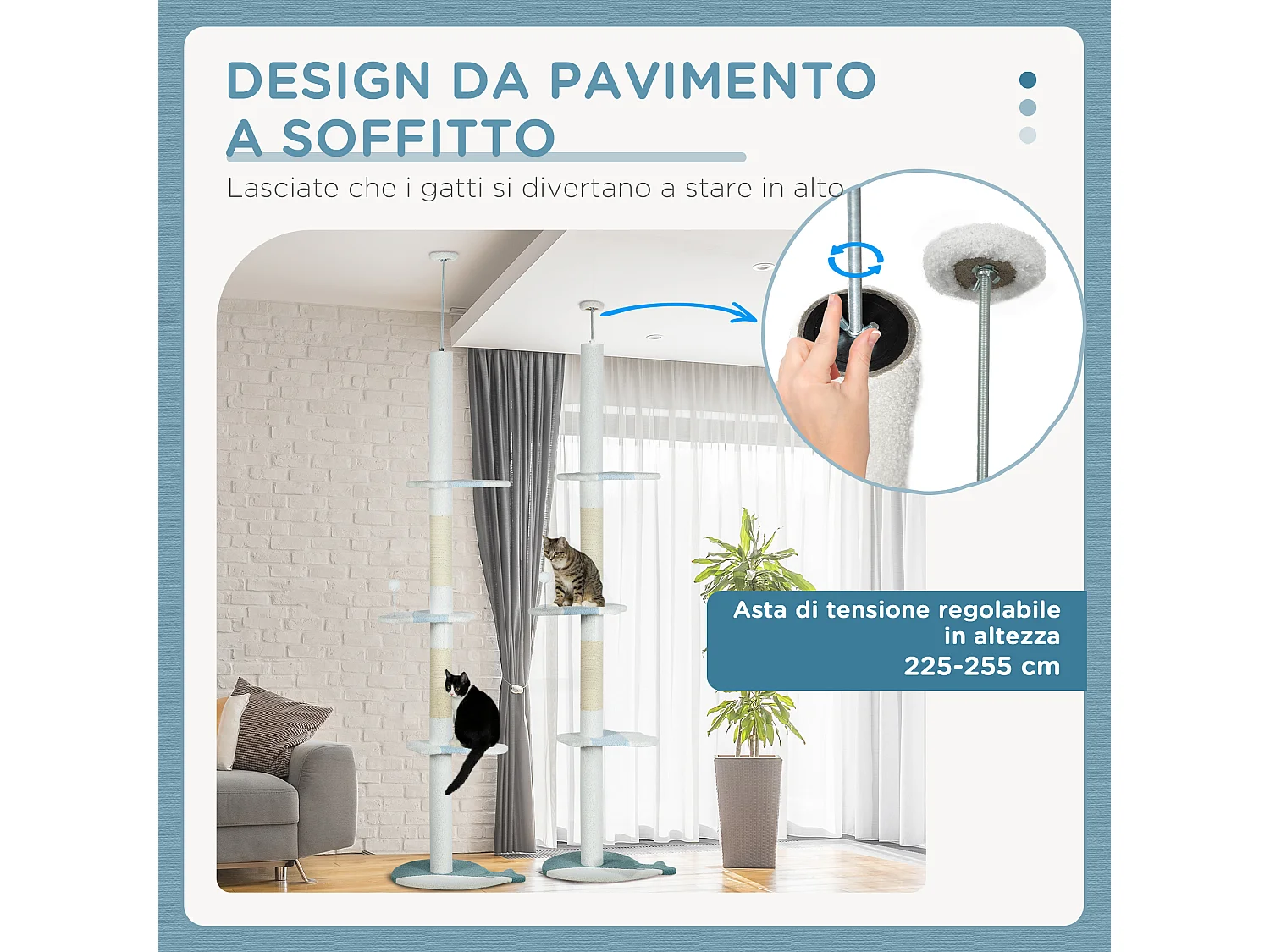 Albero tiragraffi per gatti a soffitto regolabile 225-255 cm bianco