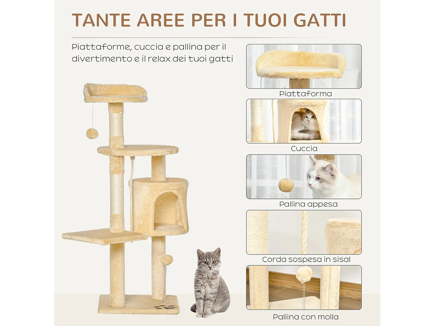 Tiragraffi per gatti albero per gatti con cuccia e 4 livelli beige
