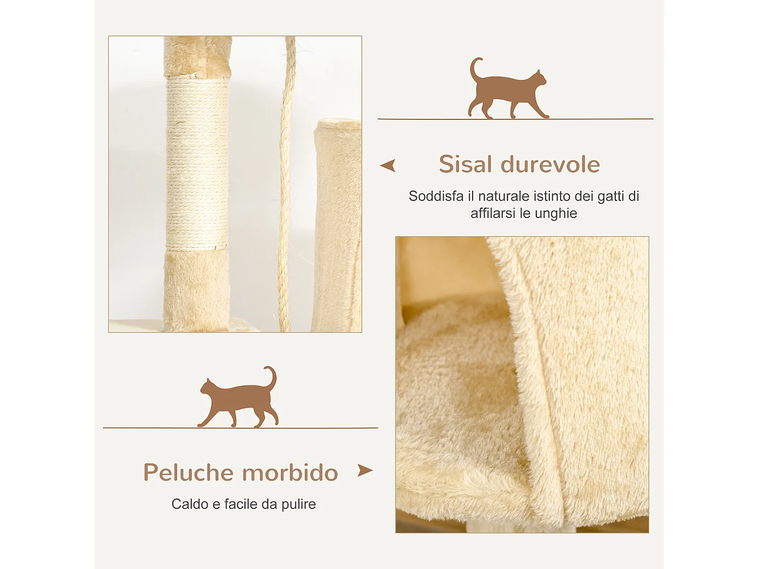 Tiragraffi per gatti albero per gatti con cuccia e 4 livelli beige