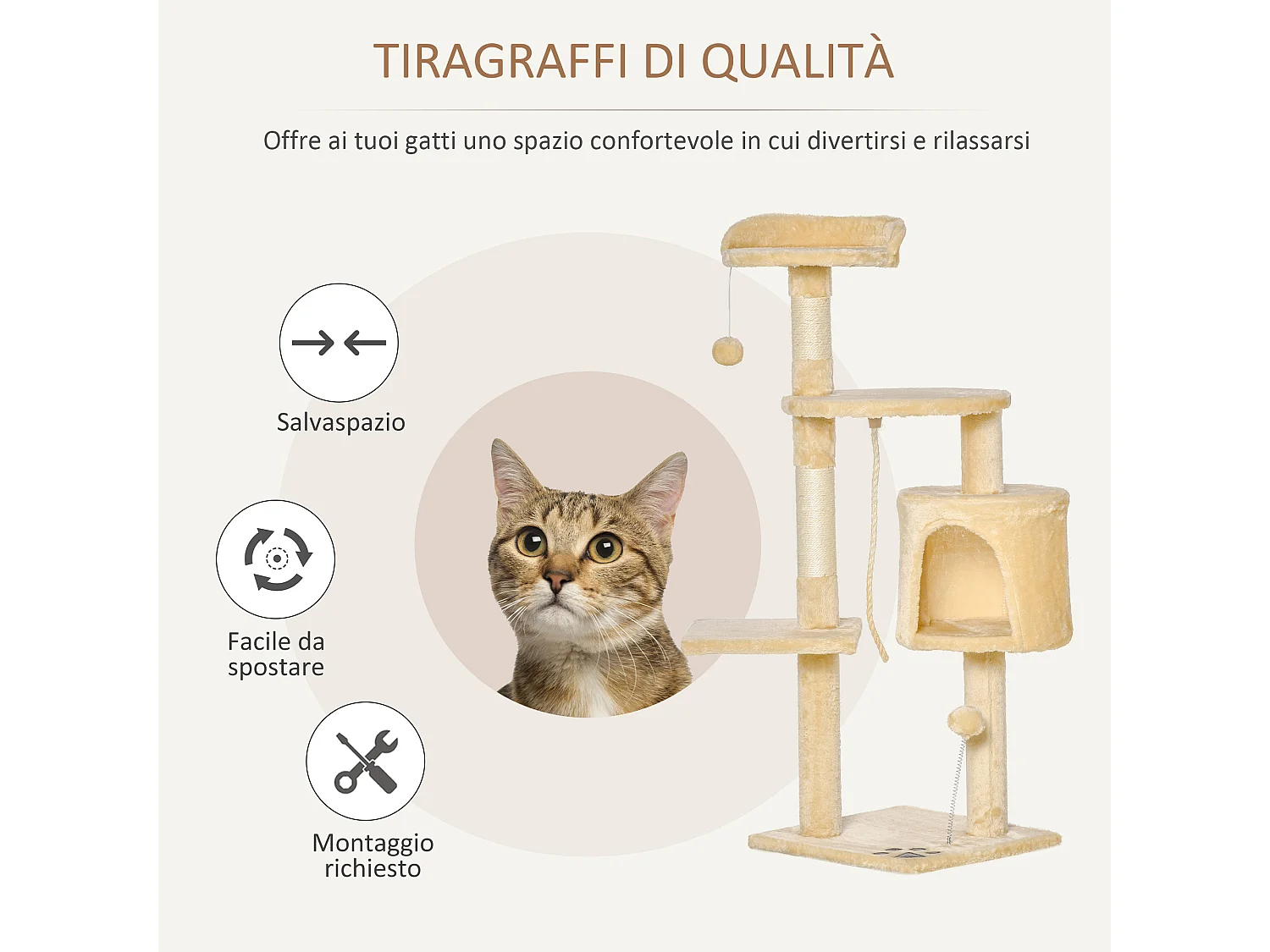Tiragraffi per gatti albero per gatti con cuccia e 4 livelli beige