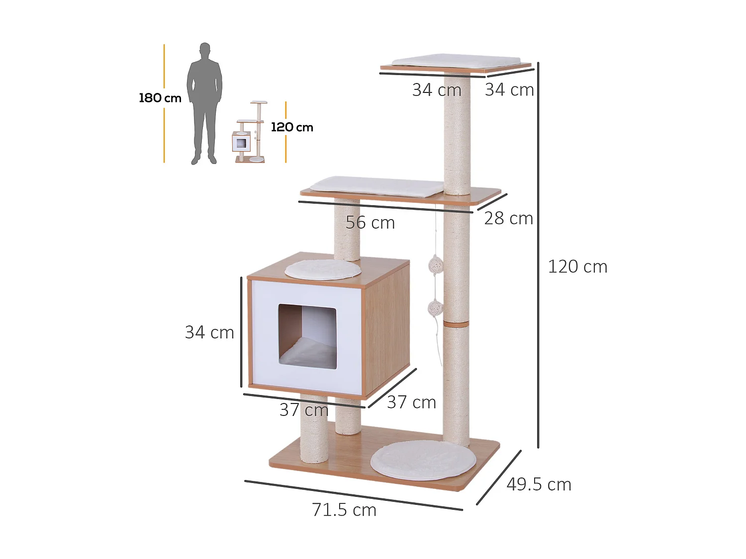 Tiragraffi gatto altezza 120cm con cuccia 71.5x49.5x120cm legno, bianco
