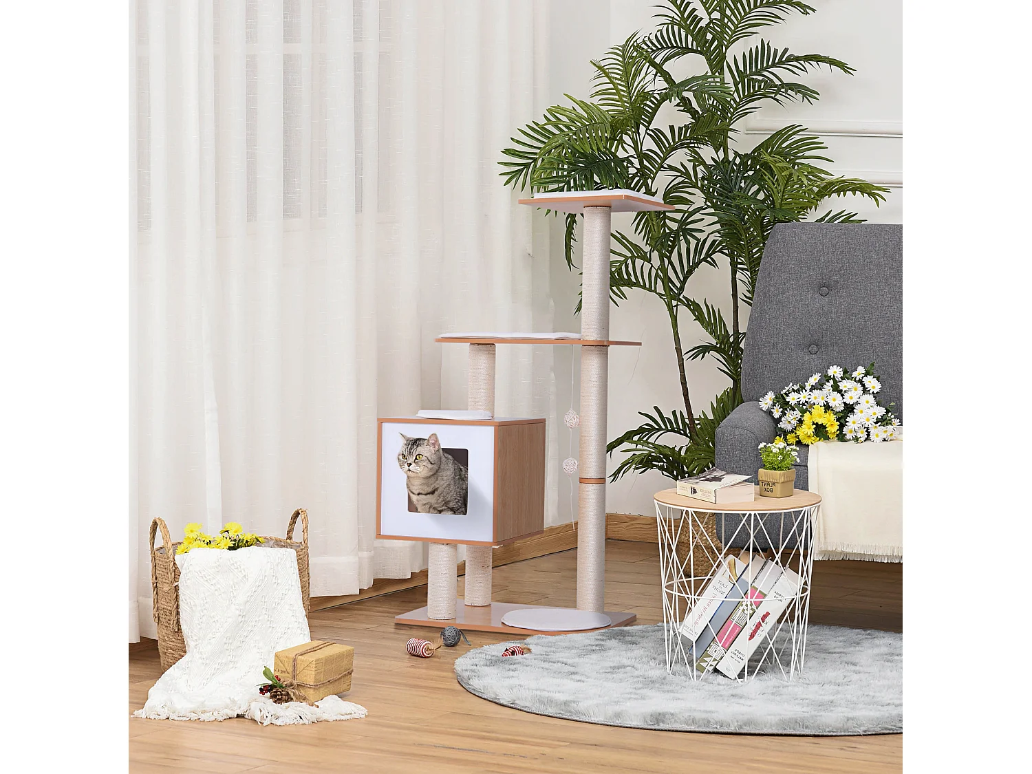 Tiragraffi gatto altezza 120cm con cuccia 71.5x49.5x120cm legno, bianco