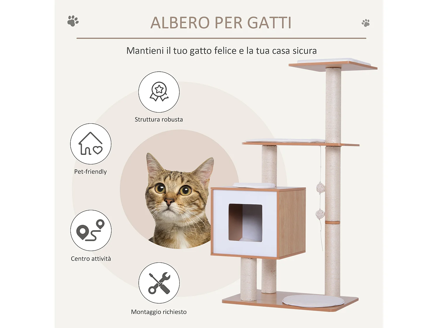 Tiragraffi gatto altezza 120cm con cuccia 71.5x49.5x120cm legno, bianco