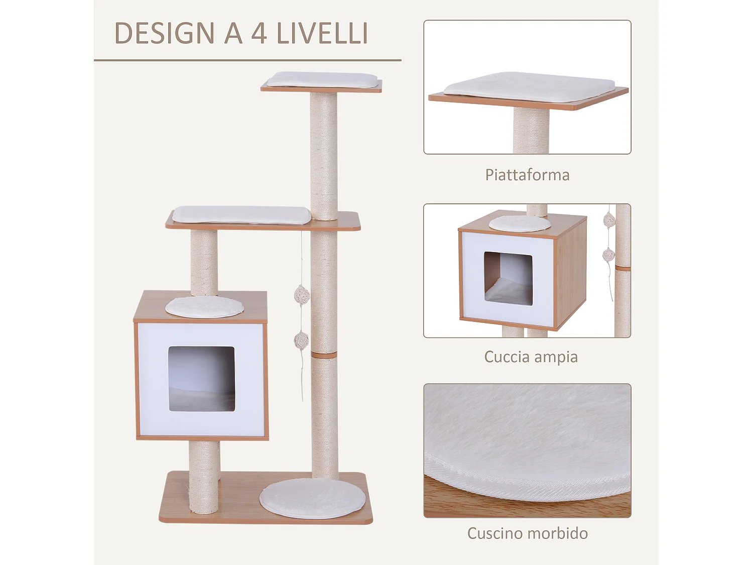 Tiragraffi gatto altezza 120cm con cuccia 71.5x49.5x120cm legno, bianco