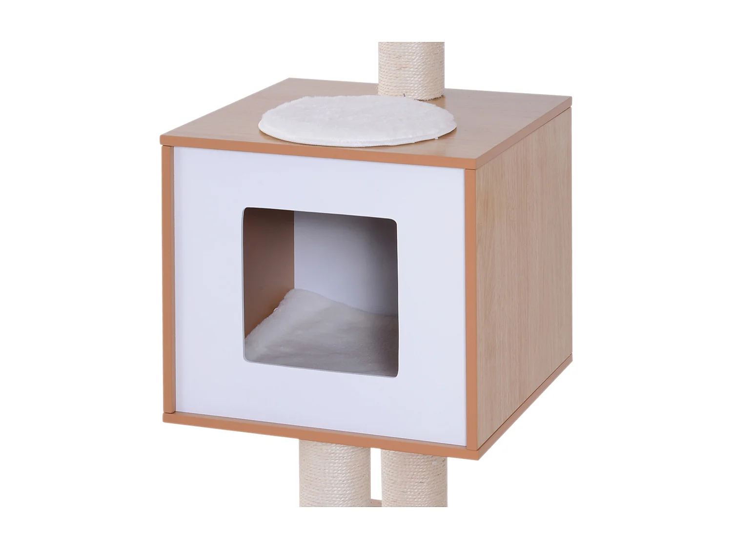 Tiragraffi gatto altezza 120cm con cuccia 71.5x49.5x120cm legno, bianco