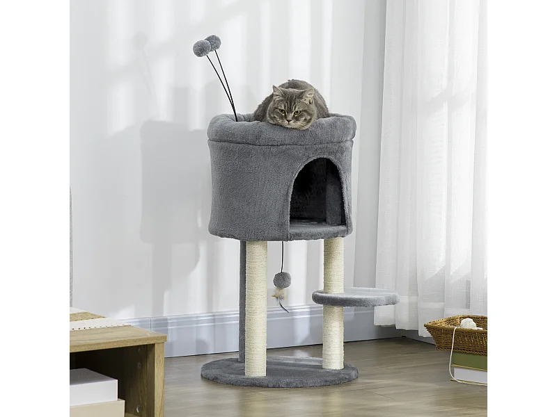 Albero tiragraffi per gatti con casetta e lettino pali in sisal e palline