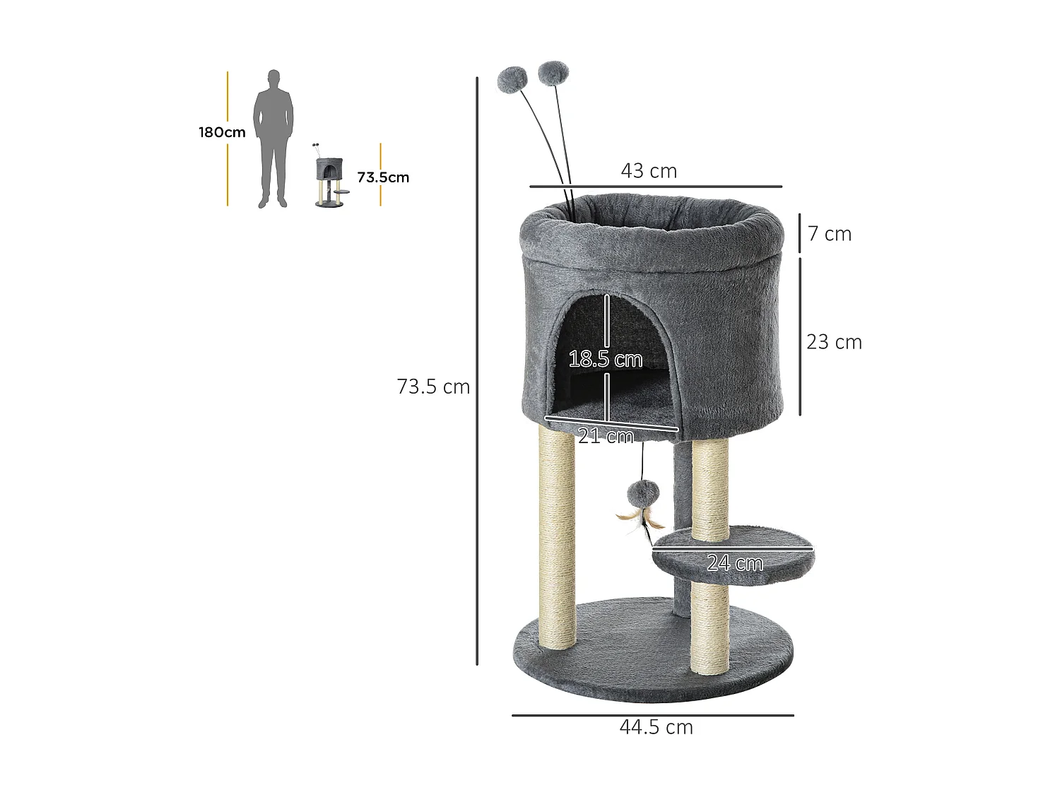 Albero tiragraffi per gatti con casetta e lettino pali in sisal e palline