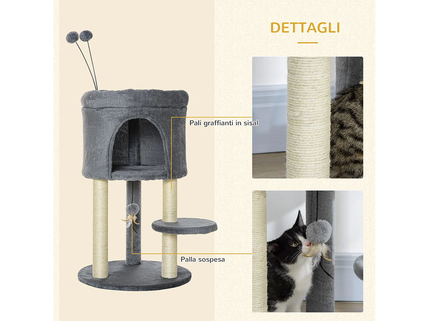 Albero tiragraffi per gatti con casetta e lettino pali in sisal e palline