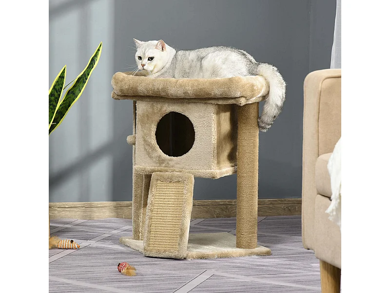 Albero per gatti in peluche con casetta, lettino e tiragraffi in juta