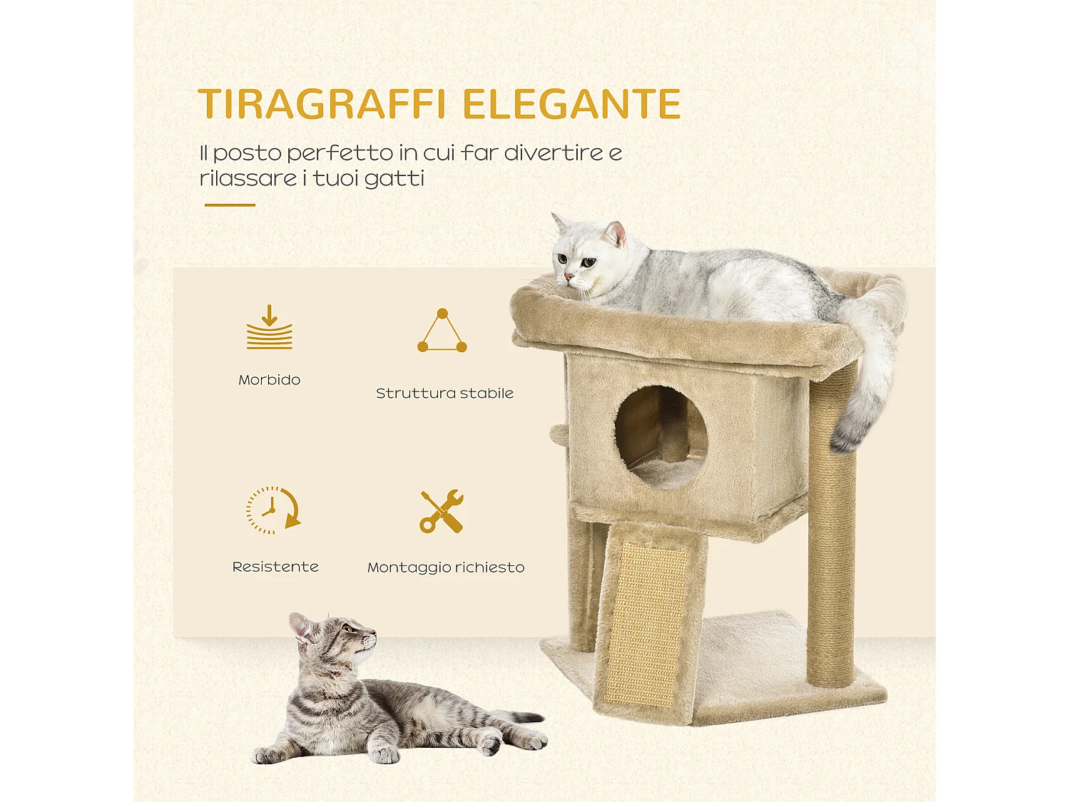 Albero per gatti in peluche con casetta, lettino e tiragraffi in juta