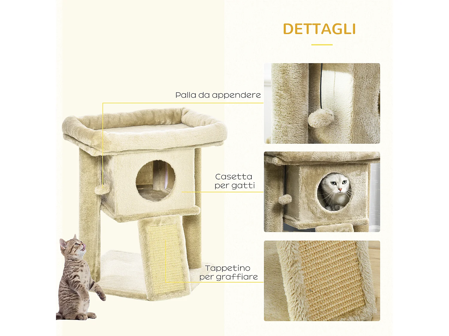 Albero per gatti in peluche con casetta, lettino e tiragraffi in juta