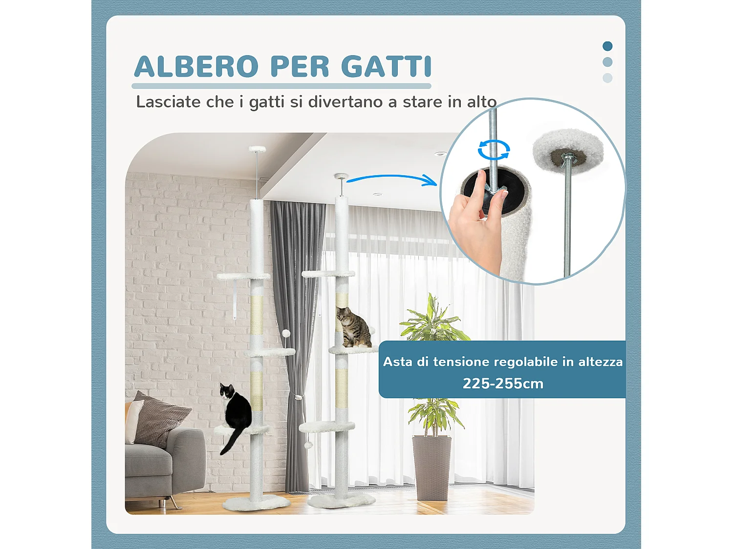 Albero per gatti a soffitto con altezza regolabile 48x32x225-255cm bianco