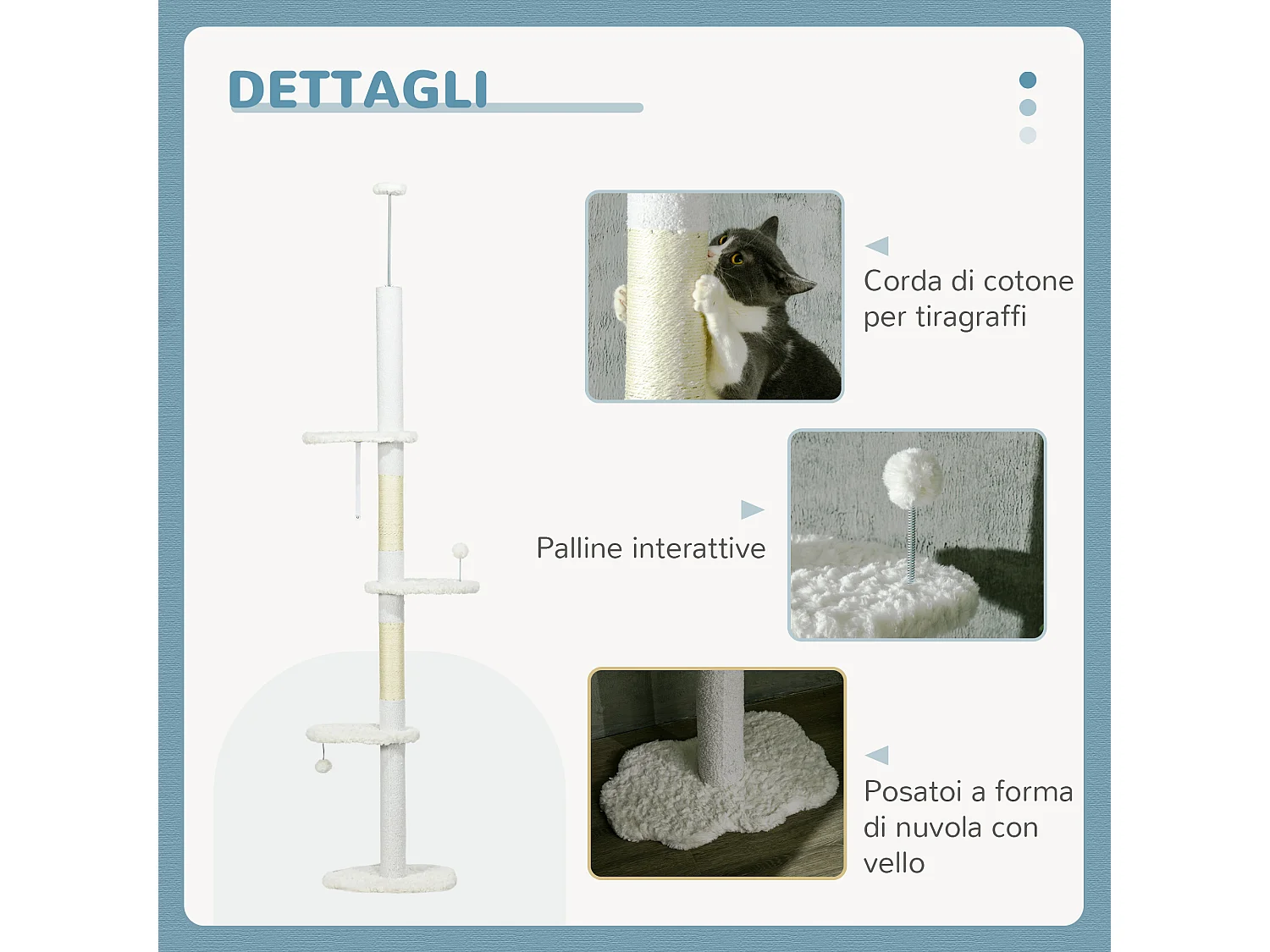 Albero per gatti a soffitto con altezza regolabile 48x32x225-255cm bianco