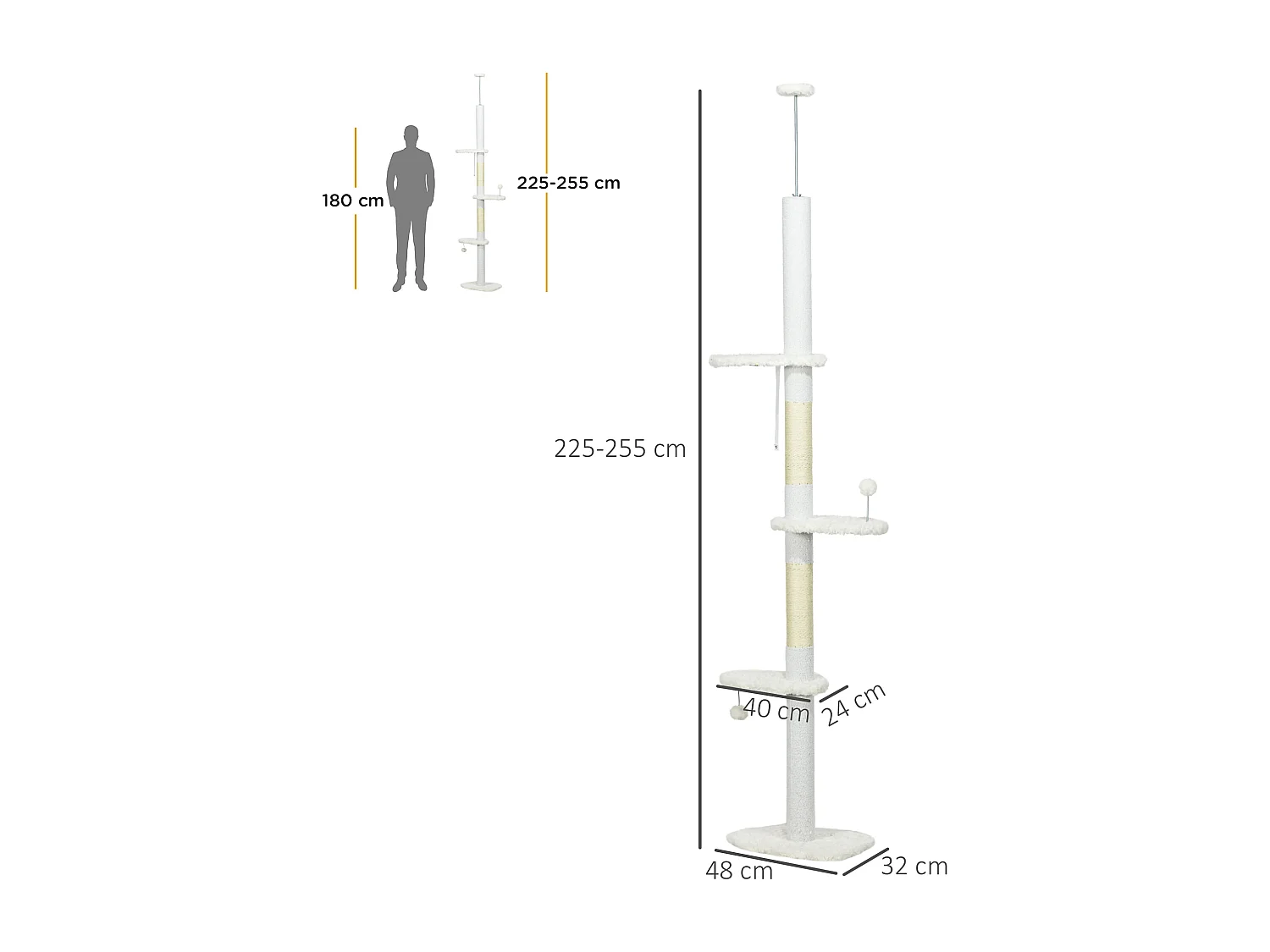 Albero per gatti a soffitto con altezza regolabile 48x32x225-255cm bianco