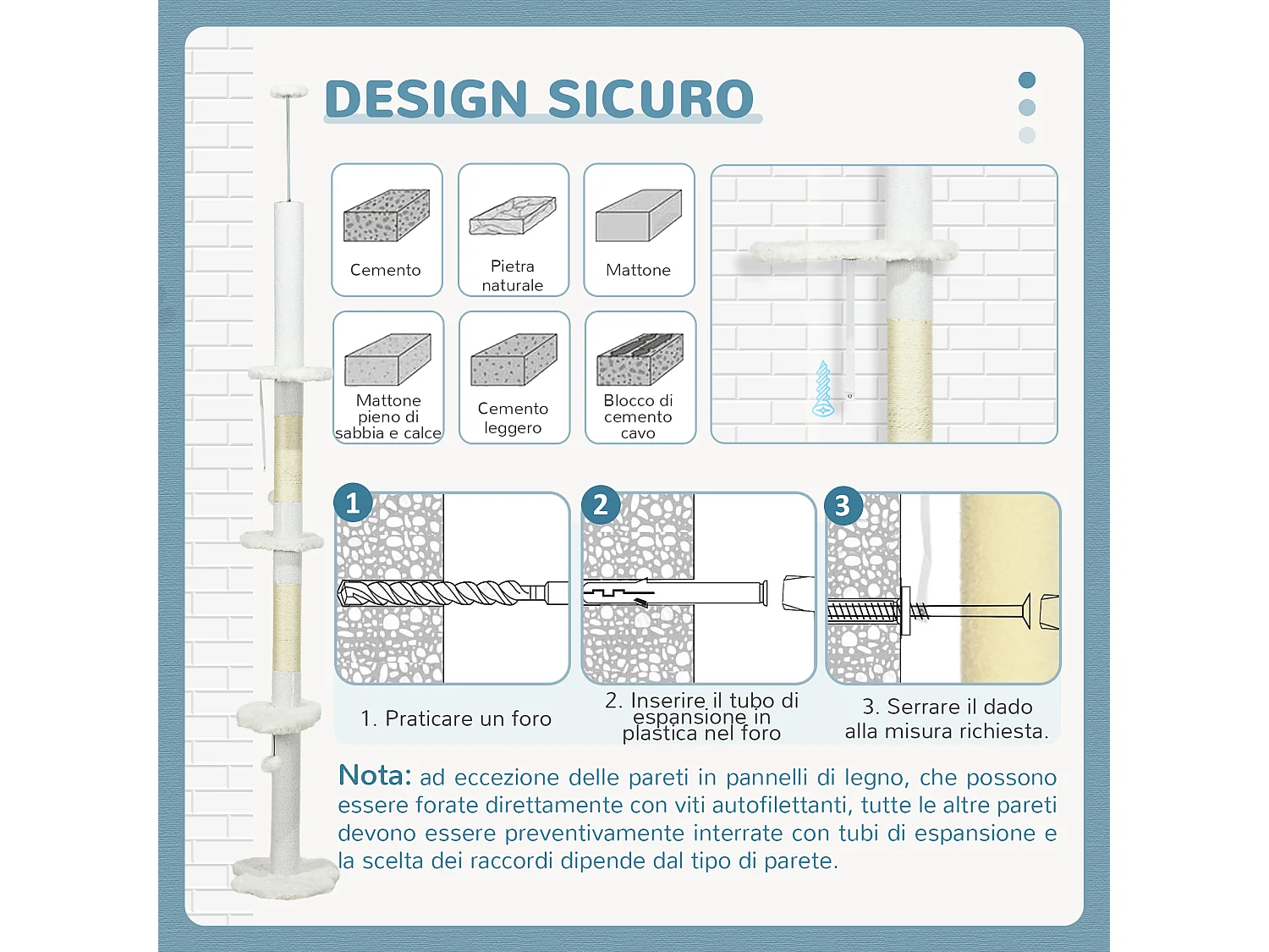 Albero per gatti a soffitto con altezza regolabile 48x32x225-255cm bianco