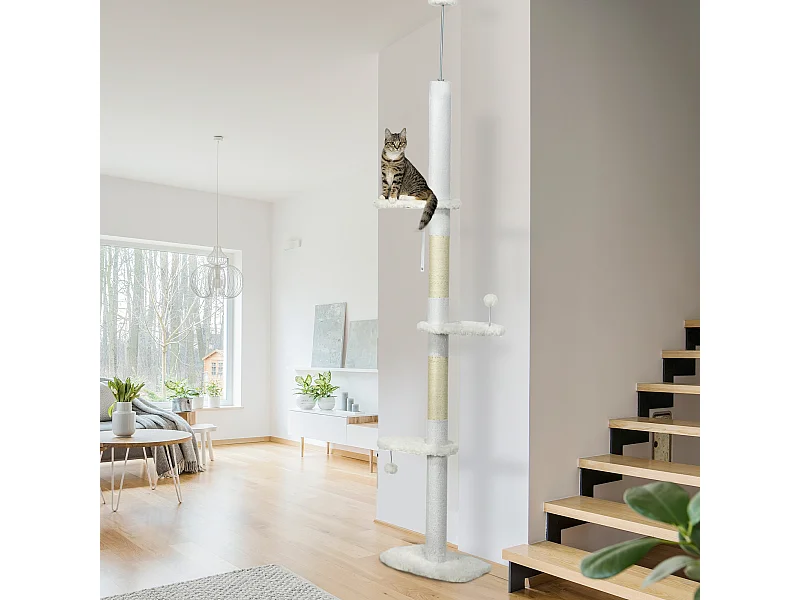Albero per gatti a soffitto con altezza regolabile 48x32x225-255cm bianco