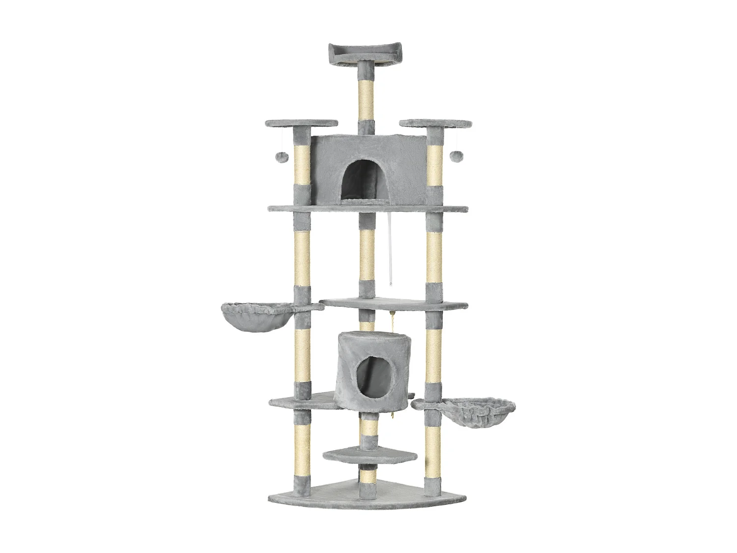 Albero tiragraffi per gatti alto 200cm con casette e amache grigio chiaro