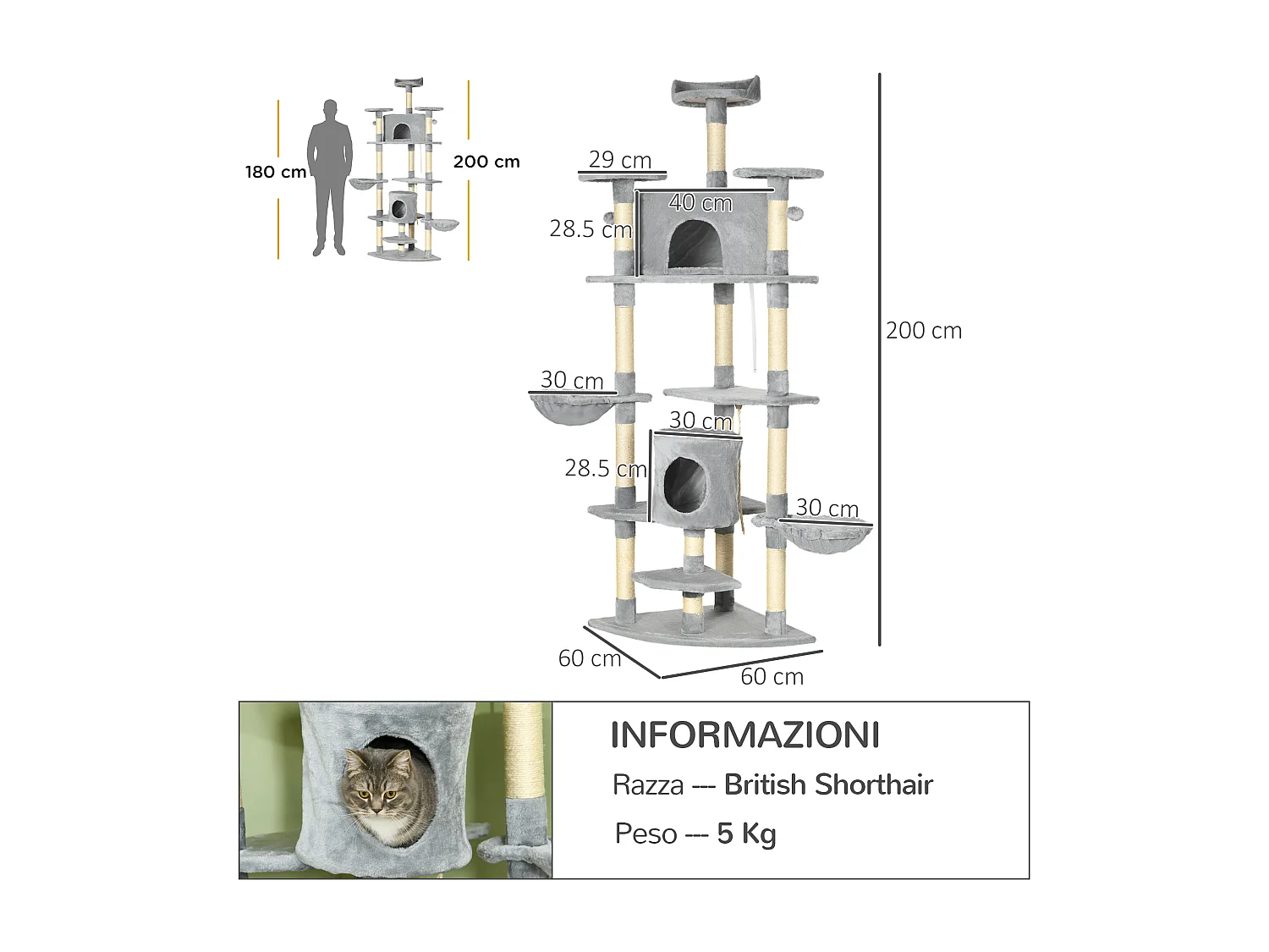 Albero tiragraffi per gatti alto 200cm con casette e amache grigio chiaro
