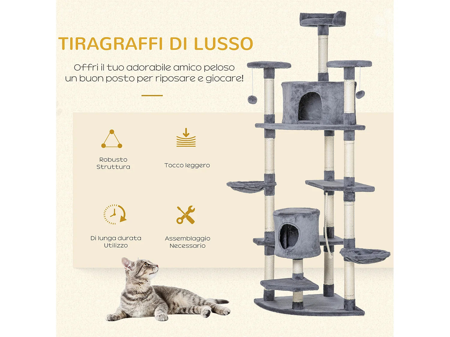 Albero tiragraffi per gatti alto 200cm con casette e amache grigio chiaro