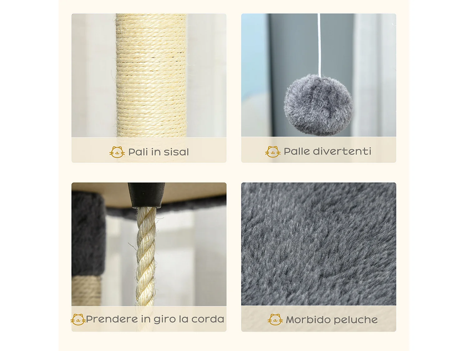 Albero tiragraffi per gatti alto 200cm con casette e amache grigio chiaro