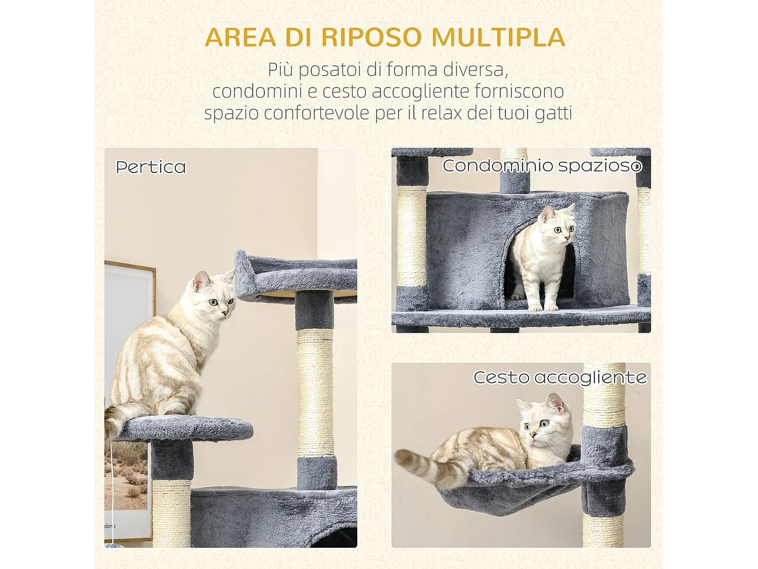 Albero tiragraffi per gatti alto 200cm con casette e amache grigio chiaro