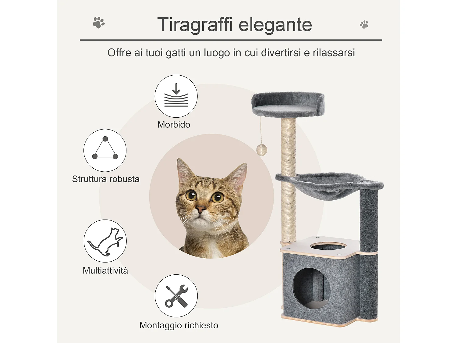 Tiragraffi multilivello con casetta amaca cuccia e corde sisal 48x34x95cm