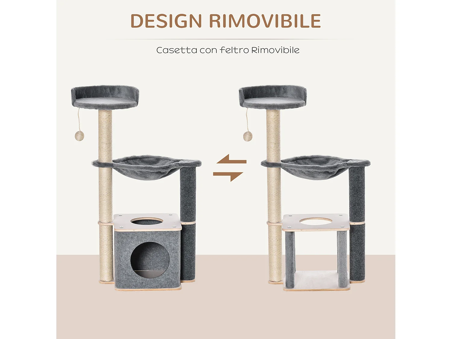 Tiragraffi multilivello con casetta amaca cuccia e corde sisal 48x34x95cm