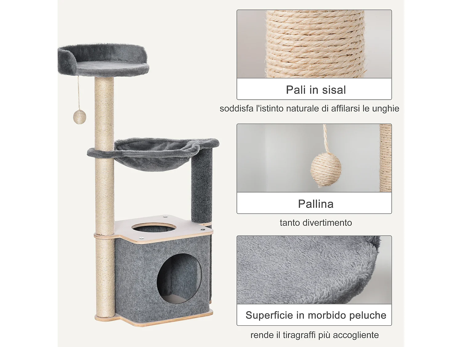 Tiragraffi multilivello con casetta amaca cuccia e corde sisal 48x34x95cm