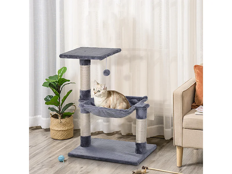 Tiragraffi per gatti multilivello con amaca e pallina 50x36x70cm grigio