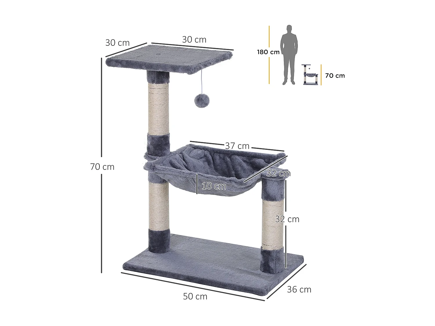 Tiragraffi per gatti multilivello con amaca e pallina 50x36x70cm grigio