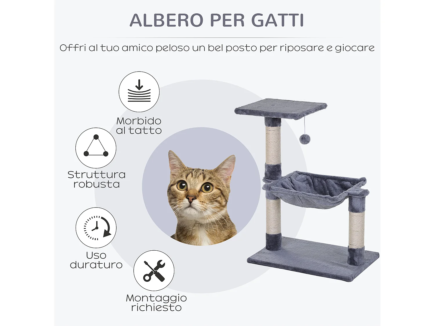 Tiragraffi per gatti multilivello con amaca e pallina 50x36x70cm grigio