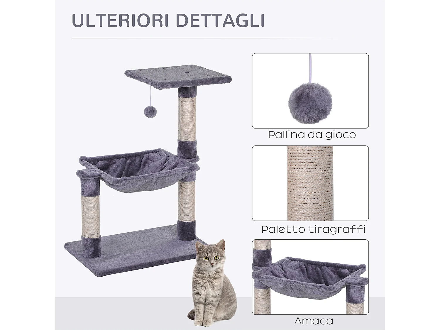Tiragraffi per gatti multilivello con amaca e pallina 50x36x70cm grigio