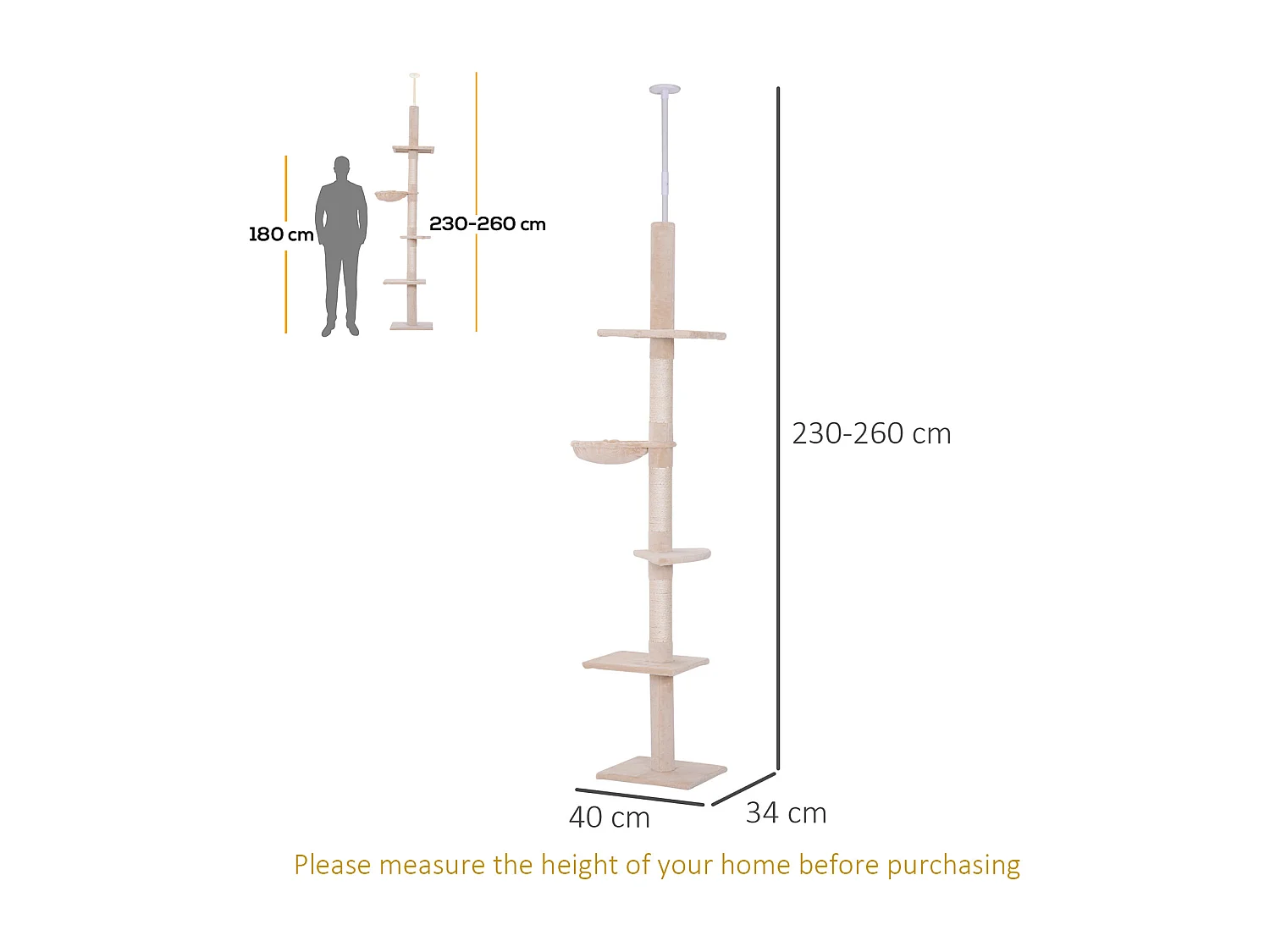 Albero tiragraffi a soffitto con altezza regolabile 230-260cm beige
