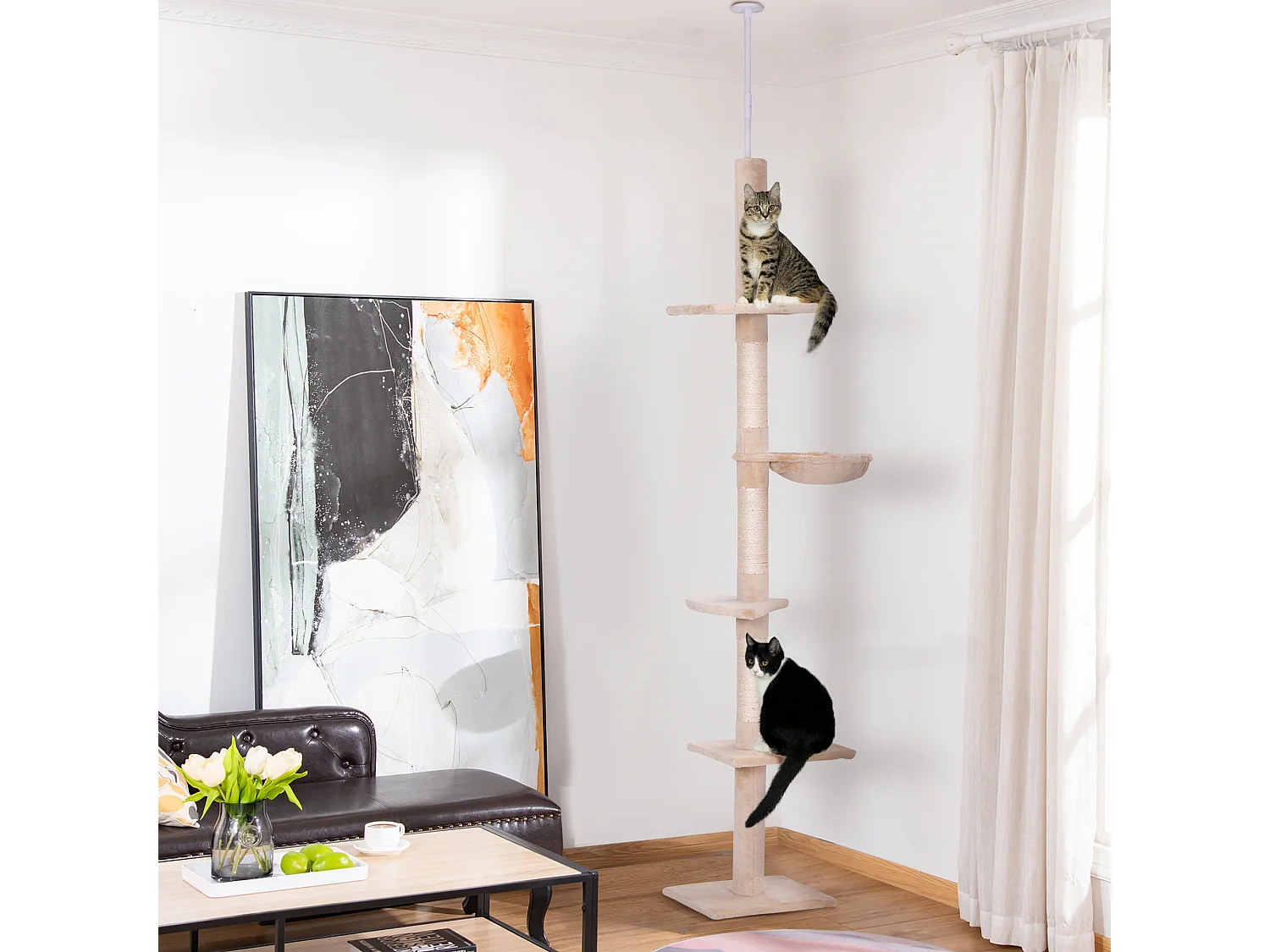 Albero tiragraffi regolabile soffitto con amaca 40x34x230-260cm beige