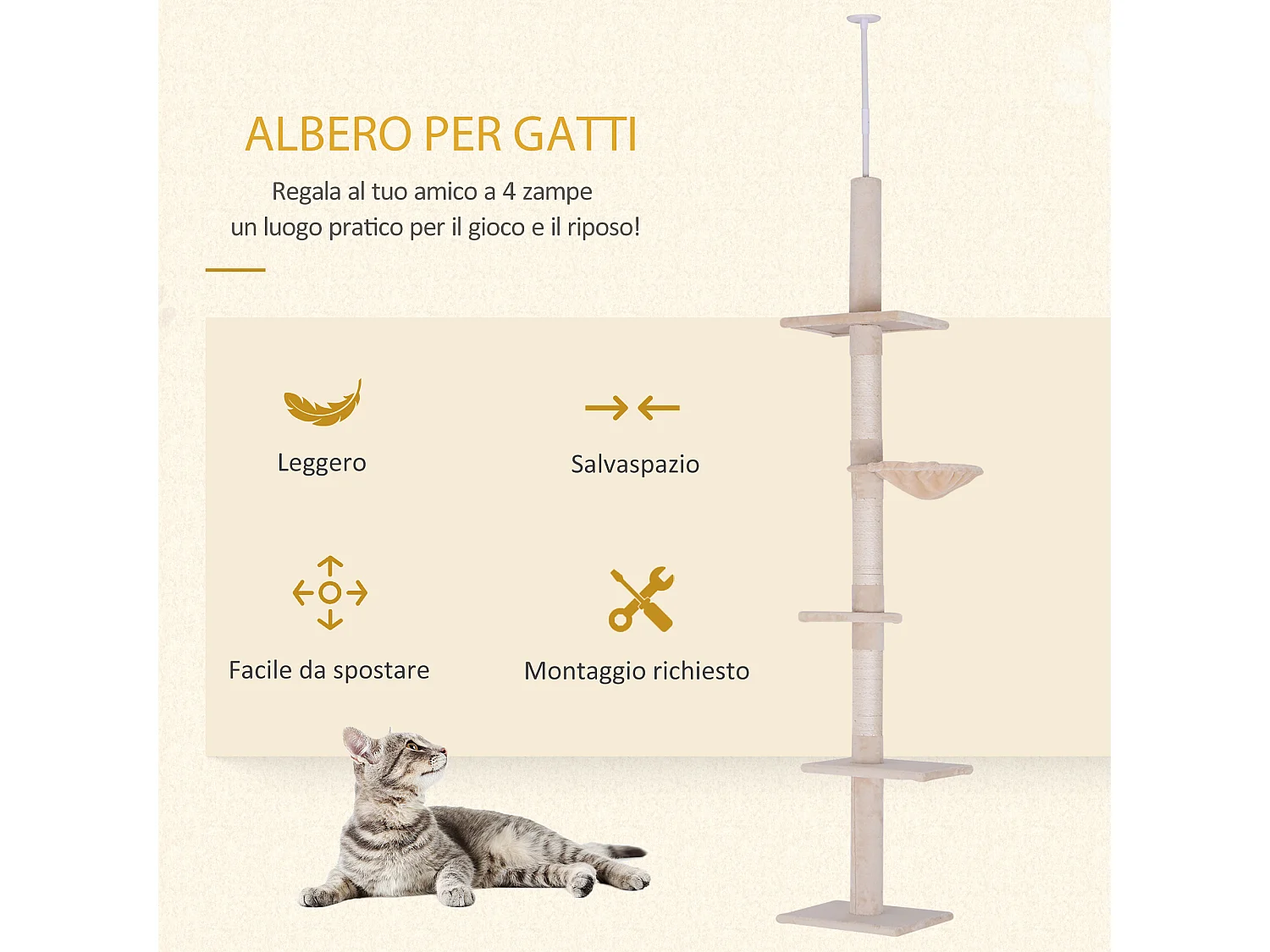 Albero tiragraffi regolabile soffitto con amaca 40x34x230-260cm beige