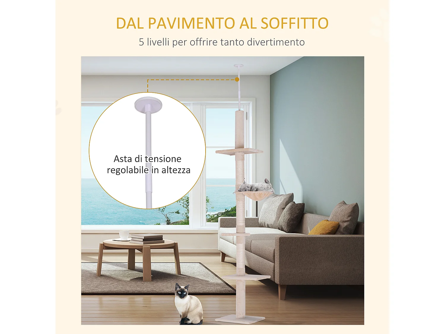 Albero tiragraffi regolabile soffitto con amaca 40x34x230-260cm beige