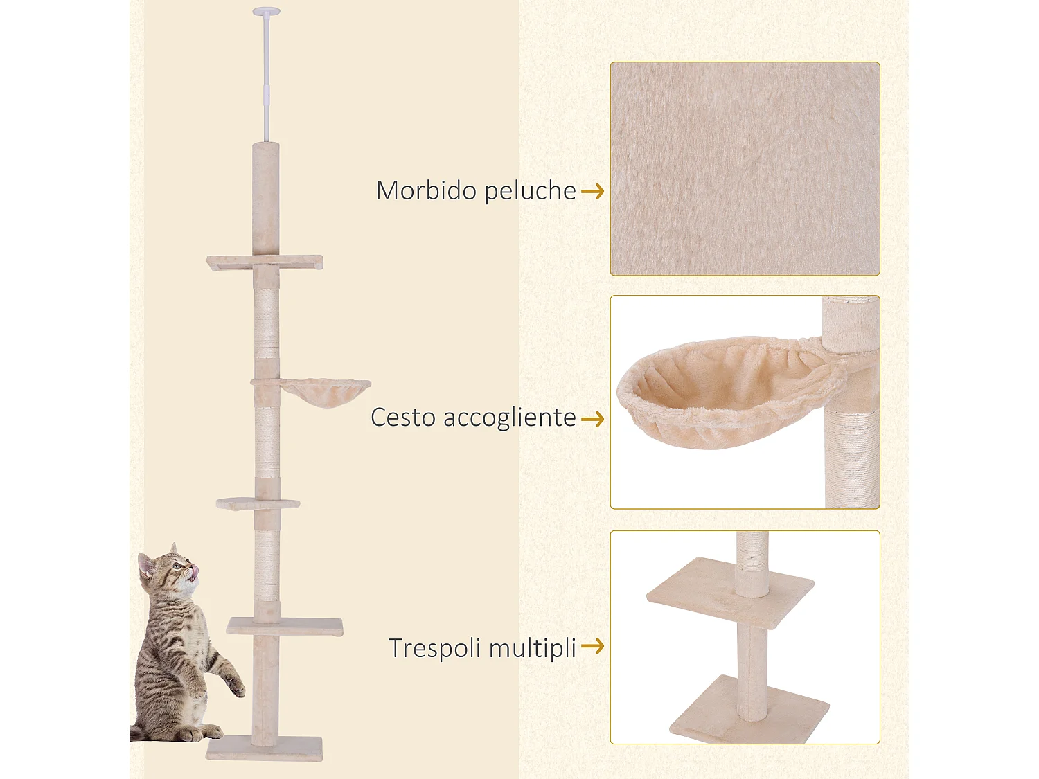 Albero tiragraffi regolabile soffitto con amaca 40x34x230-260cm beige