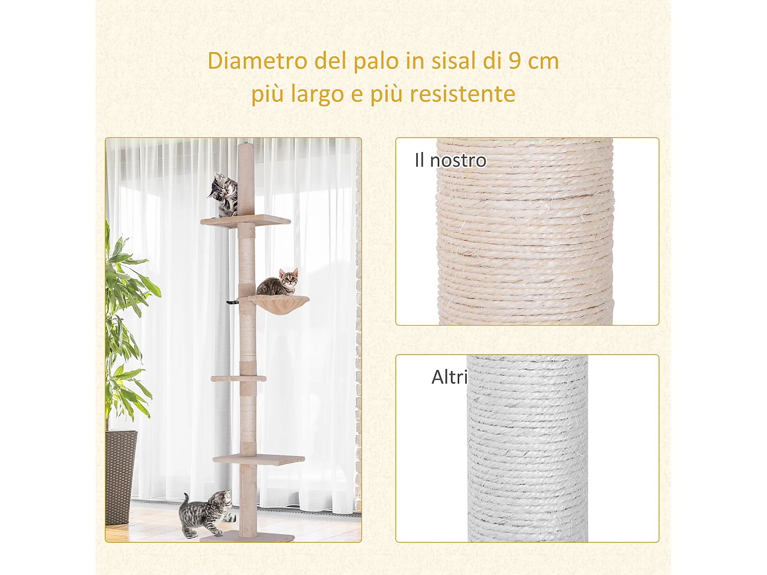 Albero tiragraffi regolabile soffitto con amaca 40x34x230-260cm beige