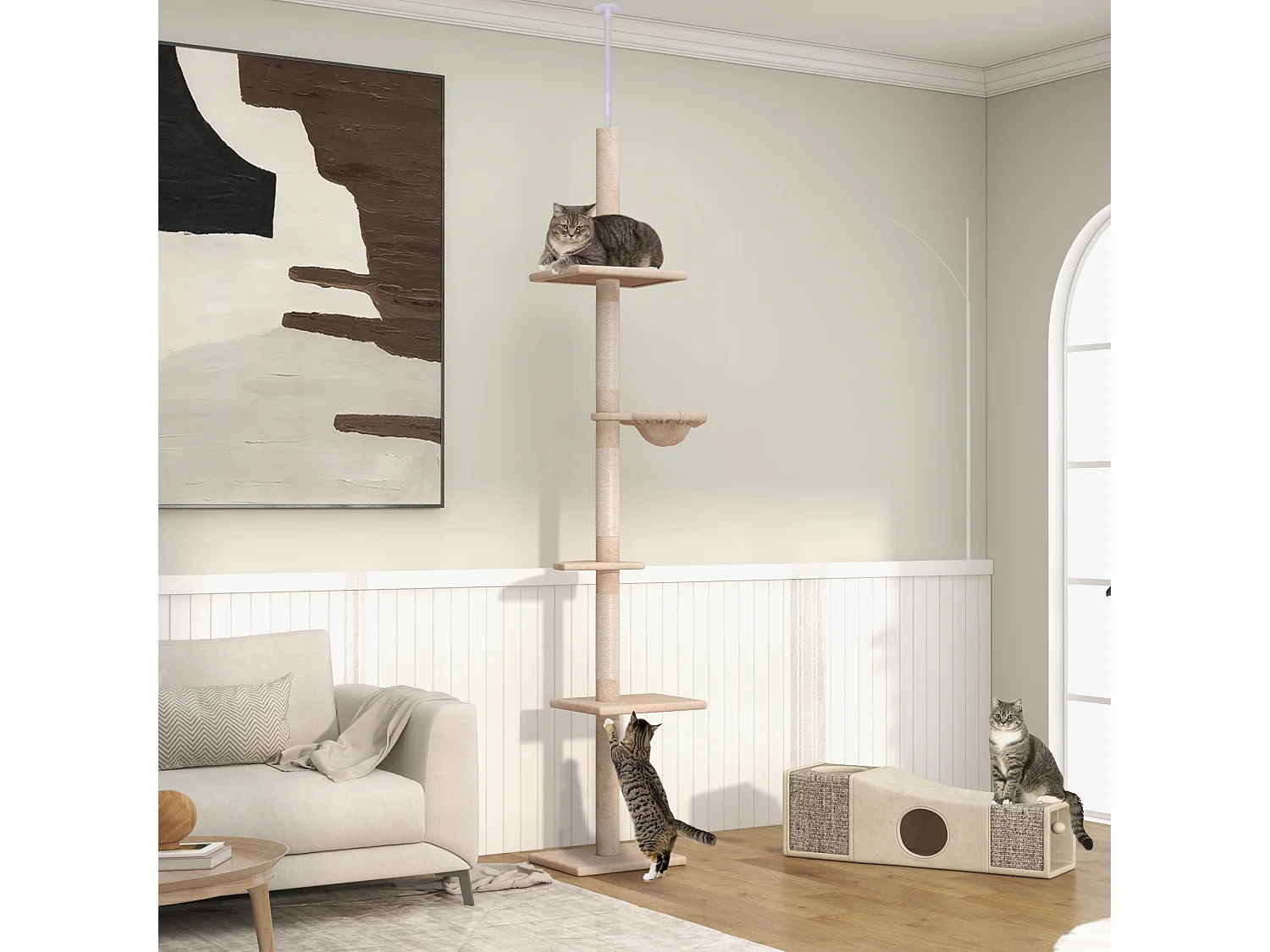 Albero tiragraffi regolabile soffitto con amaca 40x34x230-260cm beige