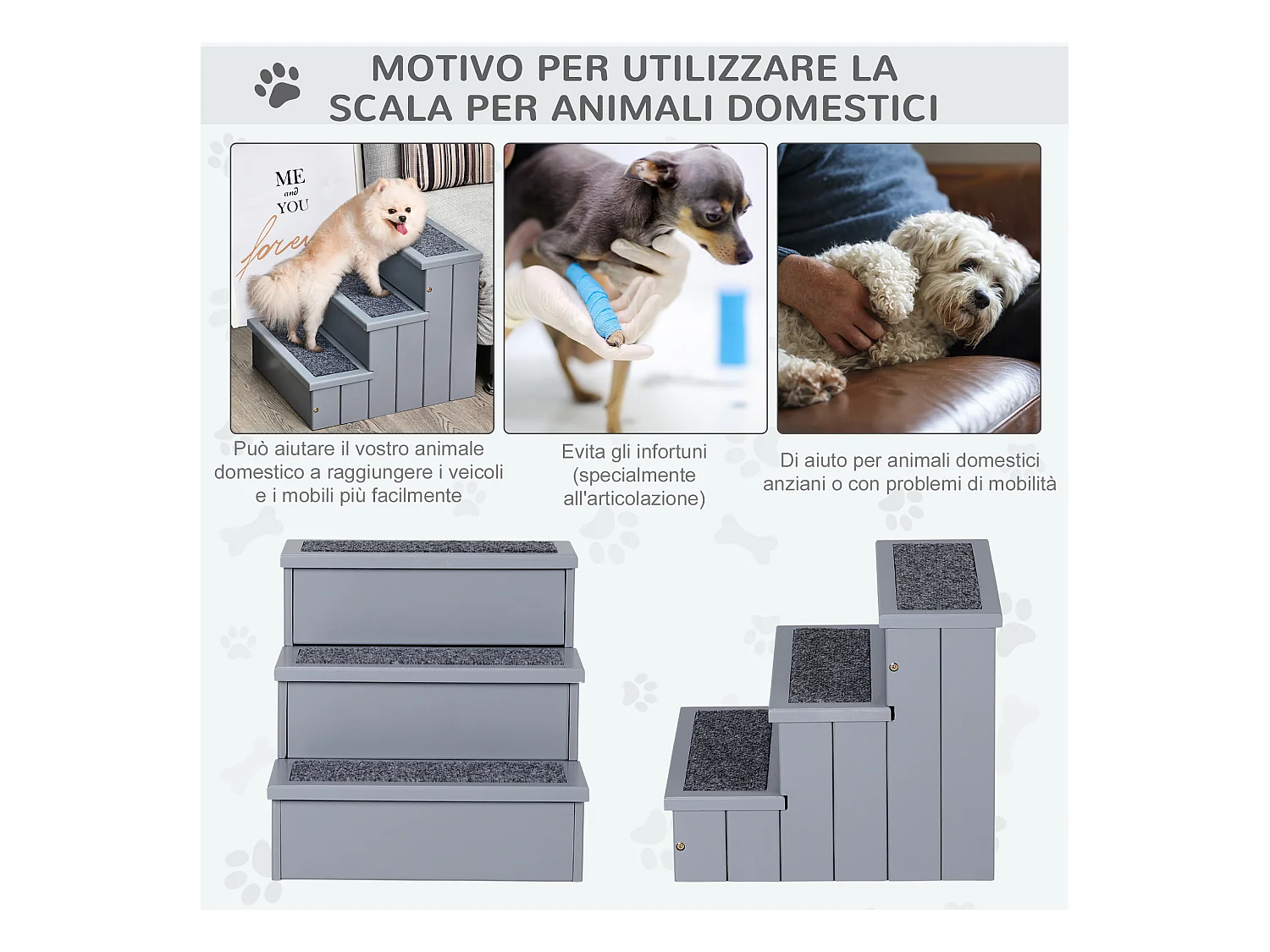 Scaletta per cani 3 gradini con tappetino antiscivolo e spazio interno