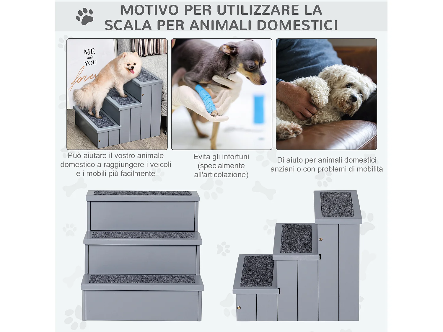 Scaletta per cani 3 gradini con tappetino antiscivolo e spazio interno