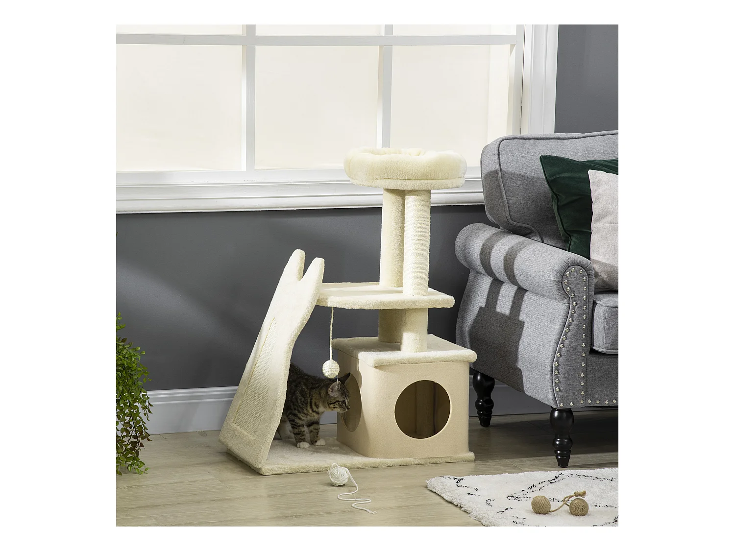 Tiragraffi con tappetino e pali in sisal casetta sfoderabile e lettino