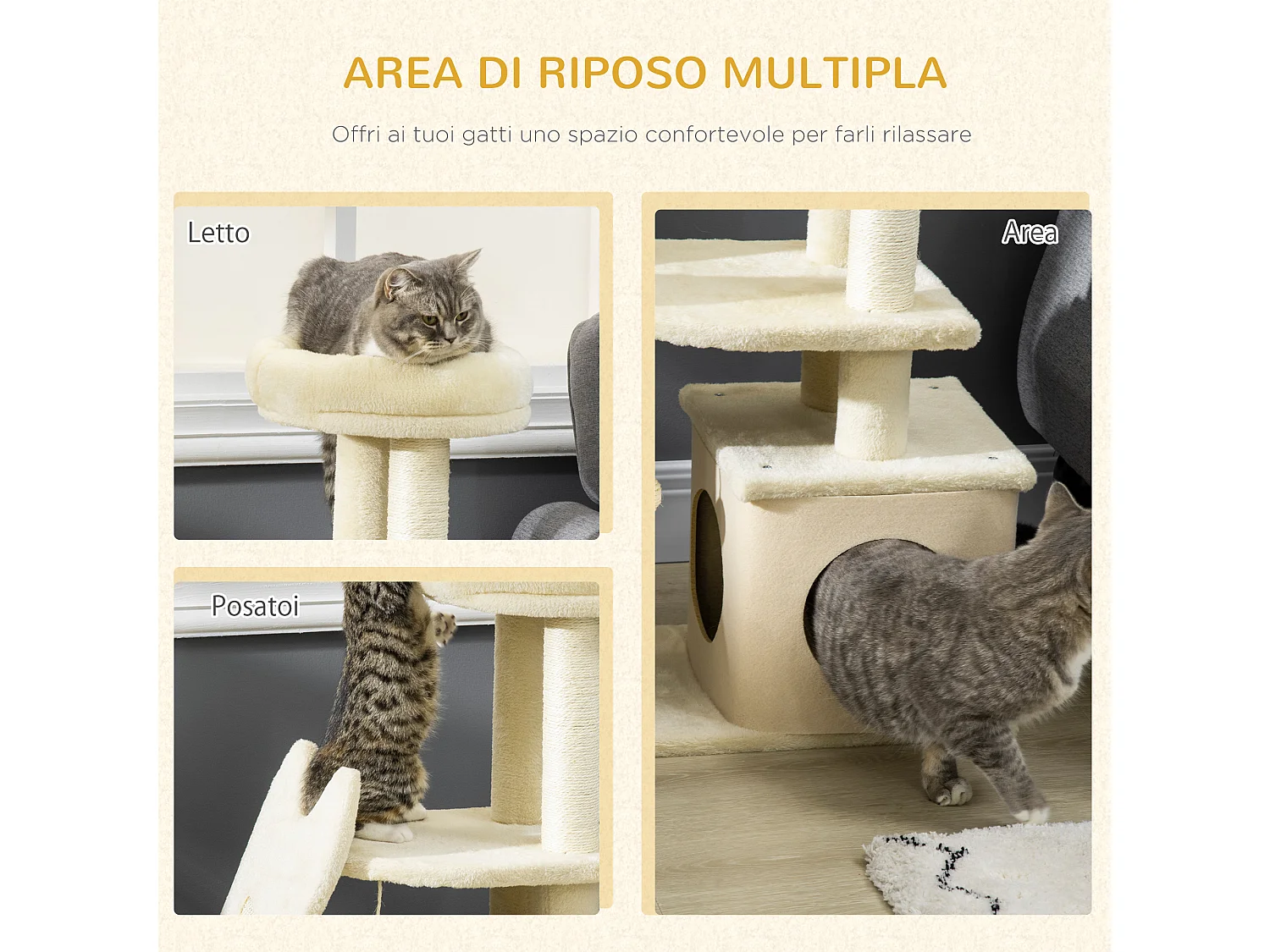 Tiragraffi con tappetino e pali in sisal casetta sfoderabile e lettino