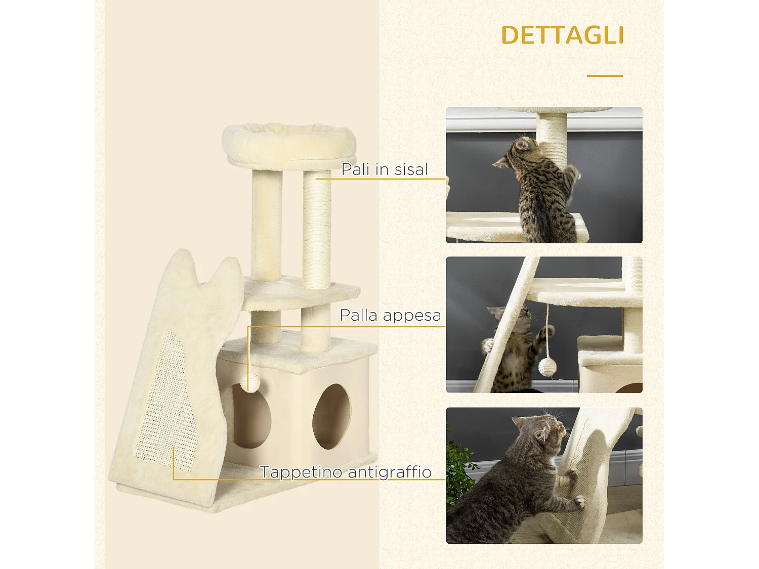 Tiragraffi con tappetino e pali in sisal casetta sfoderabile e lettino