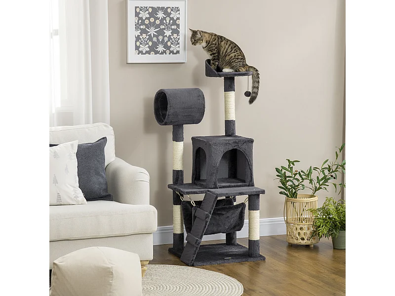 Albero per gatti con tiragraffi casetta letto e pallina giocattolo grigio
